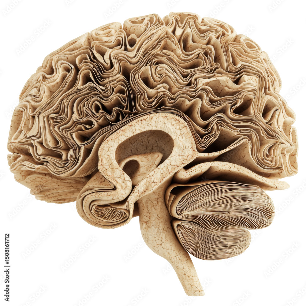Poster detailed anatomical model of human brain showcasing intricate folds and structures, emphasizing its complexity and functionality. This representation highlights brain unique features and textures