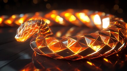 A geometric snake with shimmering orange and gold lines, arranged in sharp, triangular patterns, spiraling smoothly in the dark. Its light creates soft reflections on the surrounding space.