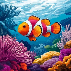 Fototapeta premium Vibrant coral reef scene with a clownfish.