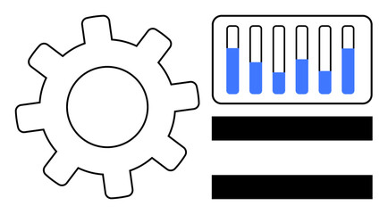 Gear symbol beside progress bar panel with blue and black design elements. Ideal for automation, settings, progress tracking, dashboard visuals, workflow, mechanics, simple landing page