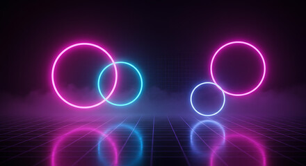 Abstract Neon Circles Background Glowing Pink and Blue Rings on Retro Grid Floor