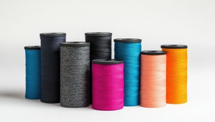Colorful spools of thread arranged in a group
