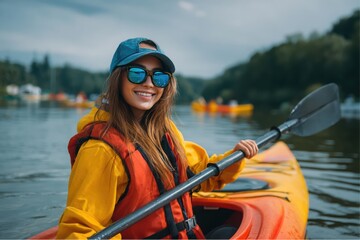 Smiling woman kayaking on a river during the day, wearing sunglasses and a yellow jacket