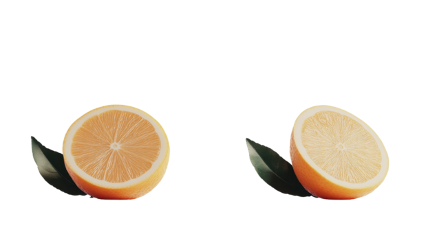 Two halved citrus fruits, one pale orange, one pale yellow, each with a dark green leaf beside it, on a black background