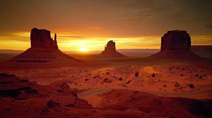 Indian Territory. Cowboy on Highway 163 through Monument Valley at Sunset