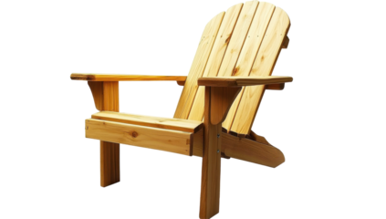 A light-colored wooden Adirondack chair with a slightly curved back and armrests, showcasing simple, sturdy construction