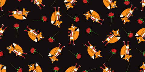 Red fox seamless Trellis. Vector illustration of Whimsical animal and red rose seamless pattern. Perfect wallpaper fabric print background. EPS 10
