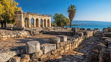 Israel Galilee: Ancient Synagogue in Capernaum, Biblical Ruins by the Sea
