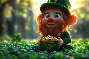 Adorable 3D Rendered Leprechaun with Gold, St. Patrick's Day
