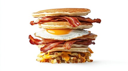 A towering breakfast stack featuring fluffy pancakes, crispy bacon strips, a fried egg with a runny yolk, and a base of cheesy hash browns, all isolated against a pure white backdrop