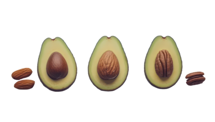 Three halved avocados, each containing a different nut almond, pecan, and a whole almond; three almonds and two pecans are beside them