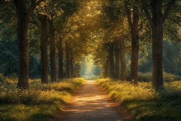 Sunlit path through trees, summer morning, nature, serenity, wallpaper