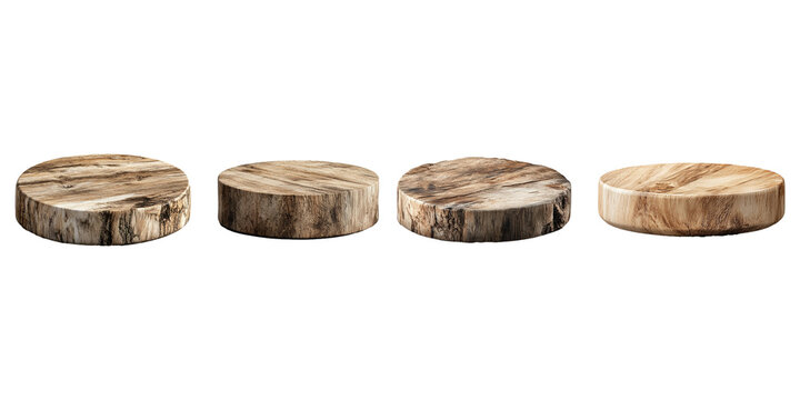 Set of Four Natural Wood Slices Isolated on White Background