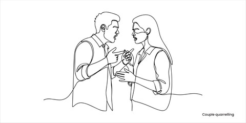 Couple quarrelling continuous single line art drawing sketch on white background