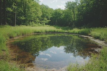 Serene forest pond reflecting sky, tranquil nature scene