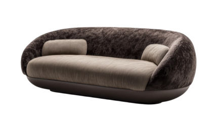 Plush, oval-shaped sofa with textured upholstery in taupe and beige, featuring two matching cushions and a low, dark base