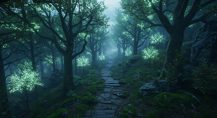Obraz premium Enchanting Glowing Forest Path Mystical Night Scene with Stone Steps and Luminous Trees