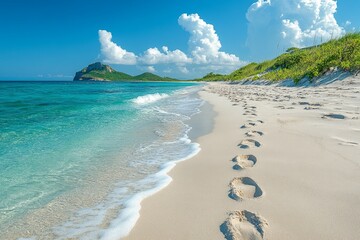 Beach footprints, turquoise water, island backdrop, summer travel