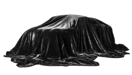 A sleek, dark vehicle completely concealed under a heavy, dark velvet cloth, obscuring its shape and features