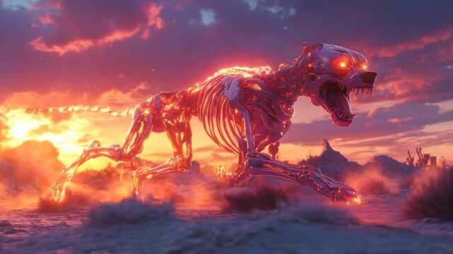 A horrifying dog skeleton creature in the middle of an apocalyptic landscape, bathed in blazing light. This monster roars ferociously while chained in the desert.