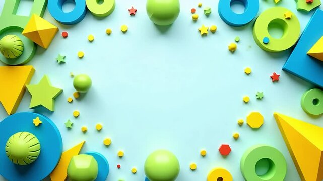 Colorful geometric 3D shapes frame on light blue background, abstract plastic toy blocks and spheres, creative educational background with copy space