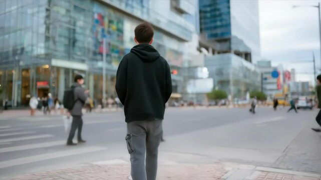 Chinese man with folder, walking nervously to interview