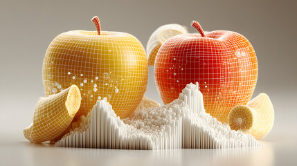 Futuristic Wireframe Apples and Banana Digital Food Art