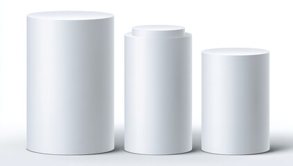 Three white cylinders of varying heights,  on a plain white background