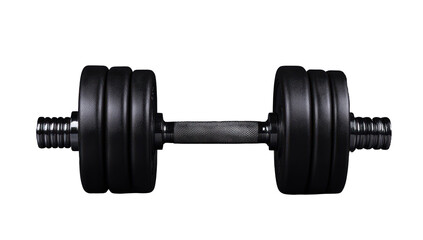 Fototapeta premium A black adjustable dumbbell with three plates on each side, isolated on a black background. The dumbbell has a threaded barbell and cylindrical weights