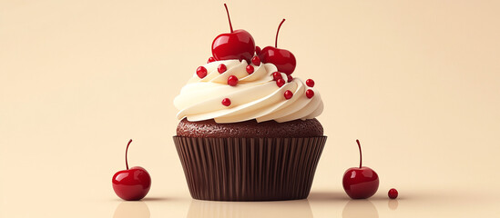 Delicious decorated cupcake with cherries.