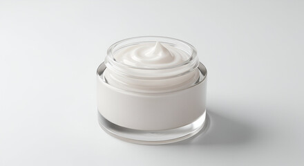 Empty cream jar with swirls of product in a modern design. Elevated view of a skincare product container on a white surface. Empty cosmetic jar, professional cosmetic.