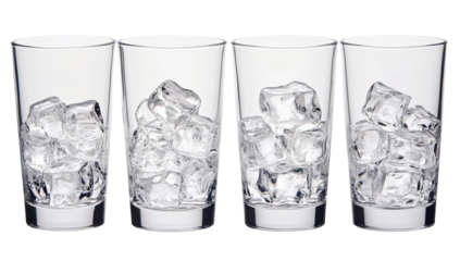 Four clear glasses, each filled with several ice cubes, arranged in a row against a black background