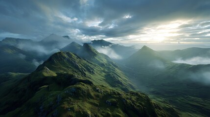 Aerial view of green mountains landscape with fog and clouds nature photography wallpaper background 16k