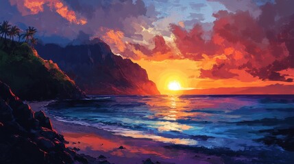 Kauai Ocean: Kalalau Beach Sunset Silhouette with Majestic Sky and Mountain Landscape