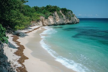 Secluded tropical beach, turquoise water, cliffside, sunny day, travel