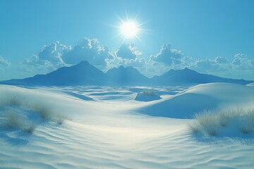 Sunny desert landscape, white sand dunes, mountains background, travel poster