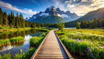 Fototapeta premium Serene Mountain Lake: Wooden Path to Sunlit Peaks