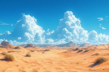 Sunny desert landscape, puffy clouds, travel background