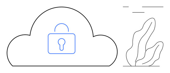 Cloud outline with a lock in the center representing data security, alongside a minimalist plant. Ideal for cybersecurity, cloud services, data protection, technology, IT solutions, online privacy