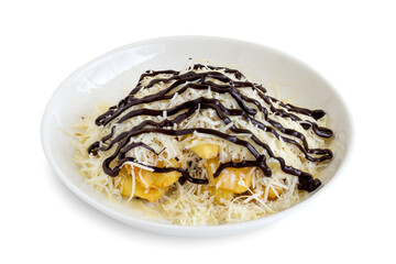 Pisang Goreng coklat keju or Fried Banana chocolate Cheese served in white plate
