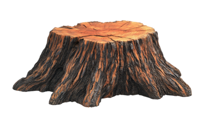A weathered tree stump, dark bark contrasting with a lighter, reddish-brown interior, sits on a black background.  Its irregular base suggests age and natural decay