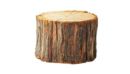 Obraz premium A short, cylindrical tree stump with rough, textured bark and a smooth, light-colored top surface, isolated on a black background