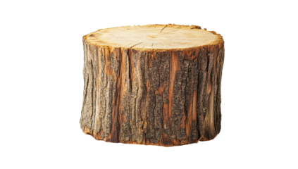 A short, cylindrical tree stump with rough, textured bark and a smooth, light-colored top surface, isolated on a black background