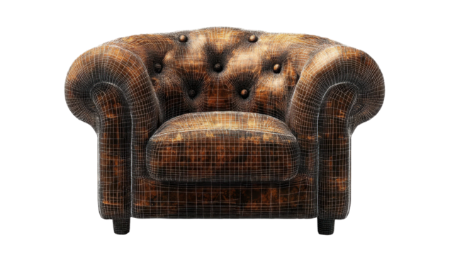 A brown leather tufted armchair, shown in a wireframe overlay, suggesting a digital 3D model.  The chair has a rounded back and rolled arms