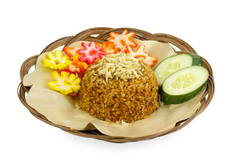 nasi goreng teri or Anchovy fried rice isolated on white background. Indonesian traditional food