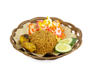 nasi goreng ayam or Chicken Fried Rice isolated on white background. Indonesian traditional food