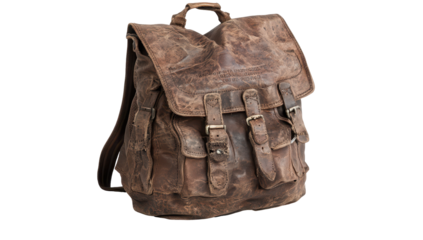 Distressed brown leather backpack with multiple pockets and buckles, showing signs of wear and a vintage aesthetic