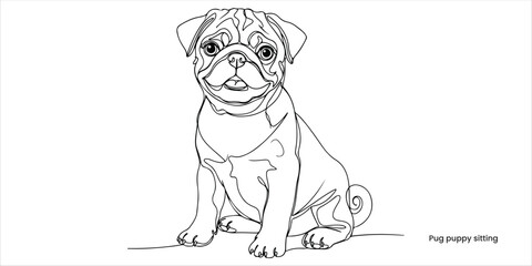 Pug puppy sitting continuous single line art drawing sketch on white background