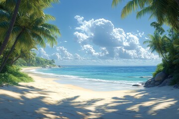 Sunny tropical beach, calm ocean, palm trees, idyllic vacation