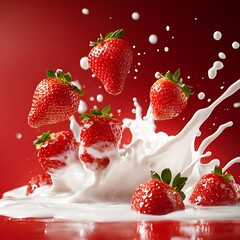 Fresh strawberries splashing in milk.